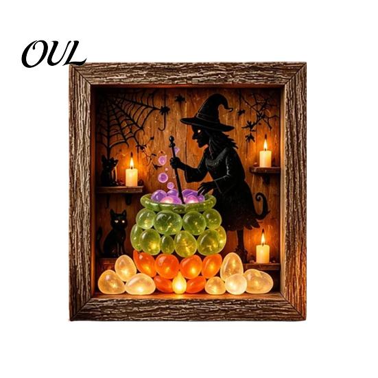 Craft Gifts for Adults DIY Lighted Halloween Ghost Shadow Box Kit, Wooden Frame LED Warm Light, Gothic Bedroom Decor Memory with Crystal Glass Panel,