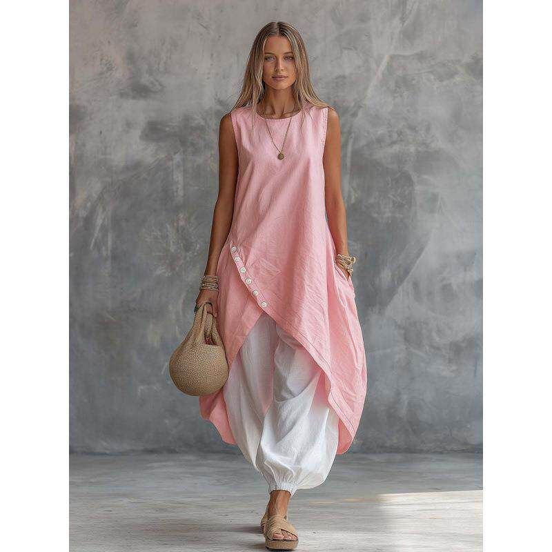 

New Solid Color Sleeveless Loose Fitting Dress with Pockets Light purple L