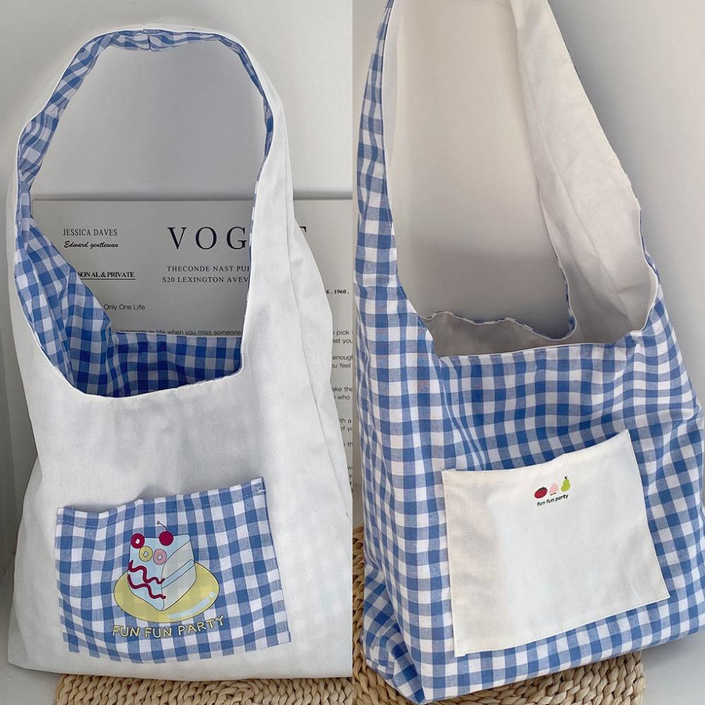

Sweet Double Sided Plaid Vest Bag Japanese Style Canvas Tote Bag Lattice Shoulder Bag Outdoor синий