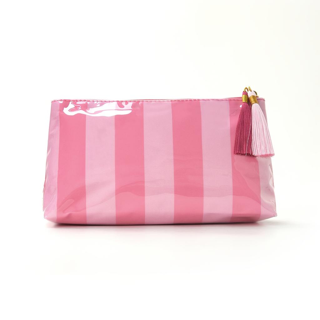 Pink White Striped Waterproof Makeup Bag With Two-Tone Tassel Zipper Pull