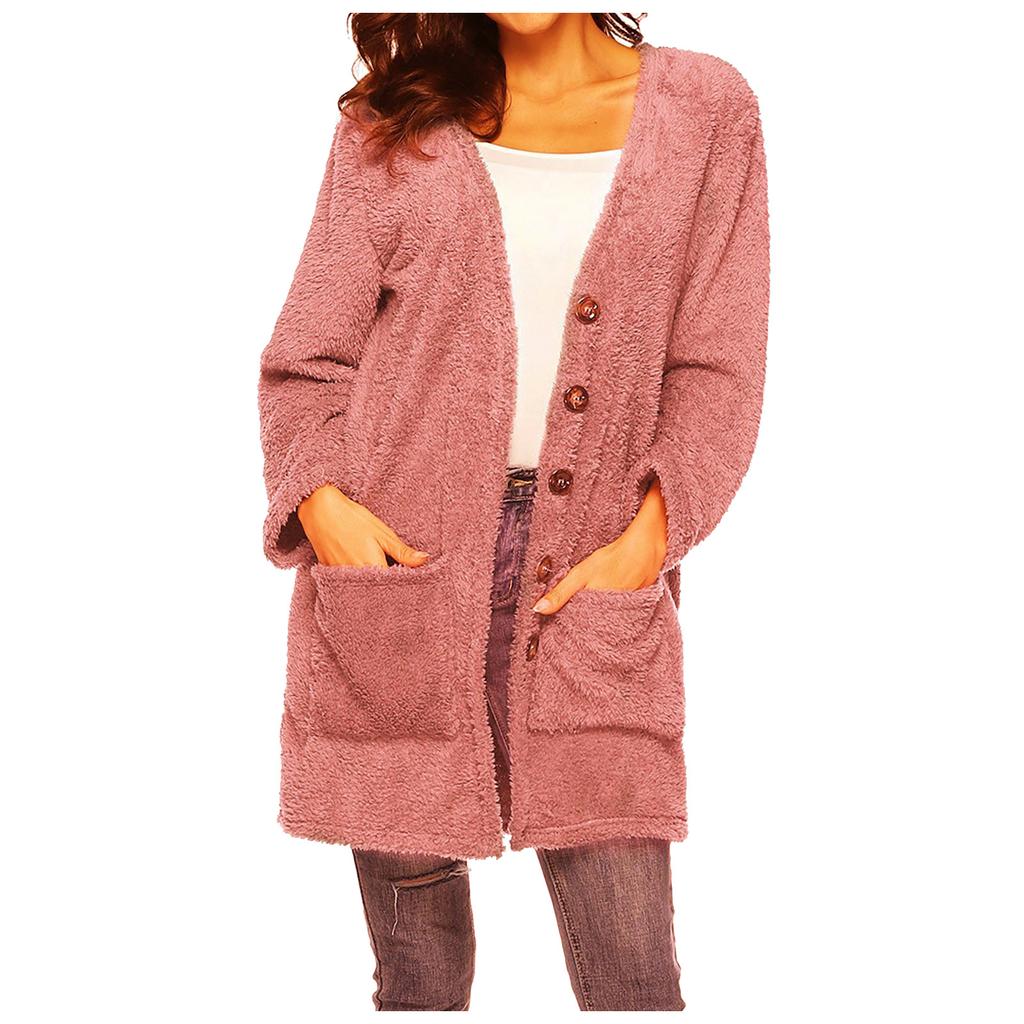 Women's  And Winter Loose Solid Color Stitching Long-sleeved V-neck Single-breasted Pockets Plush Coat
