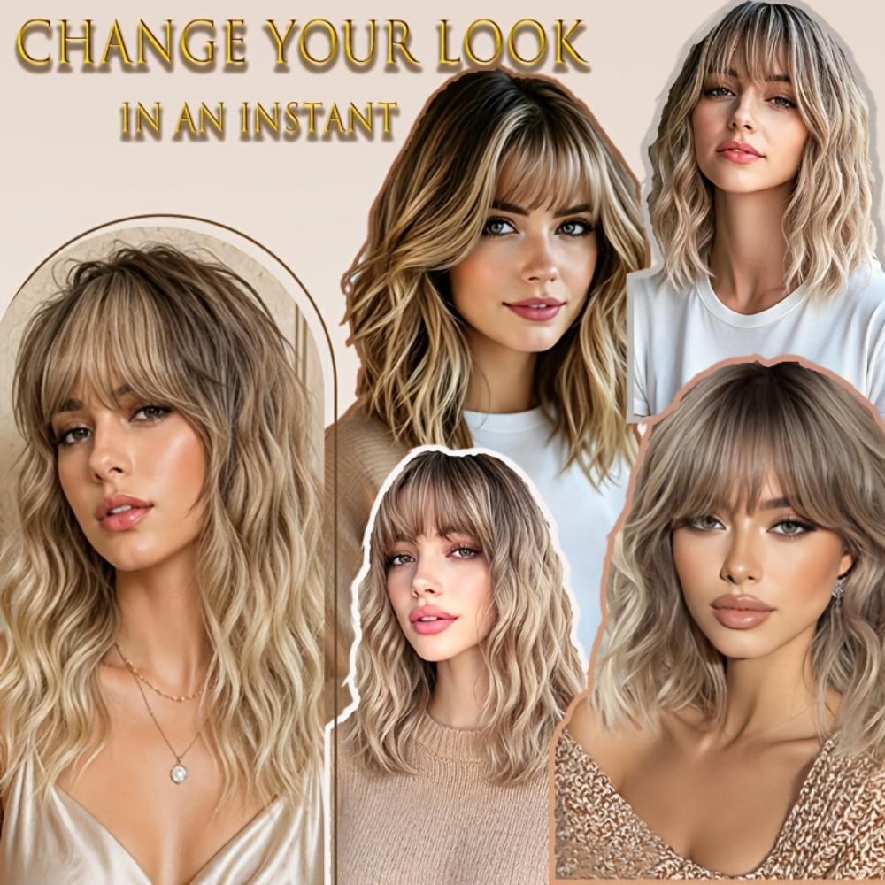 Natural Short Wavy Wig Gradient Clip-In Bangs Extension for Added Volume, Coverage, And Blend