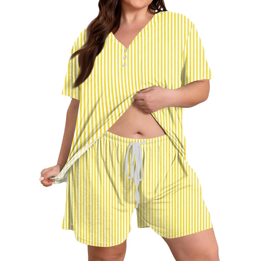 Plus Size Casual Two Piece Set Women Short Sleeve V Neck Loose Fit Top and Drawstring Waist Shorts Lounge Wear Set