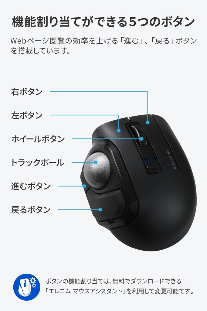 ELECOM Bitra Trackball Thumb Bluetooth Wireless with 2 5 Includes Dedicated Storage Black Mouse, Silent, Operation, 2.4GHz, Multi-Pairing Devices,