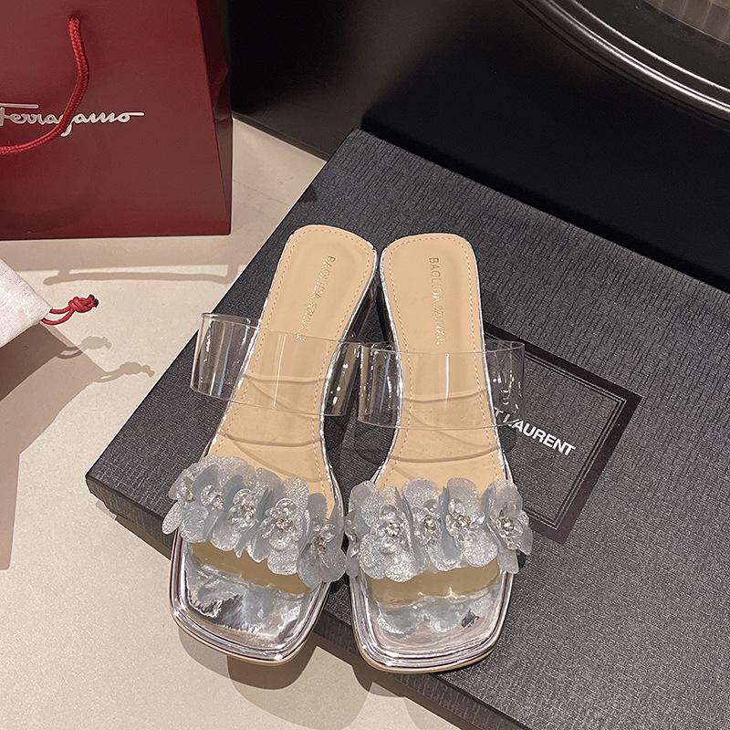 

2025 лето новые квадратный носок жемчужный цветок кристалл толстый каблук крутые шлепанцы с прозрачными крутыми шлепанцами женщины 37 серебряный