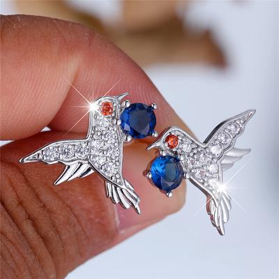 White and Blue Zircon Small Hummingbird Stud Earrings for Women Girls Cute Silver Color Animal Jewelry