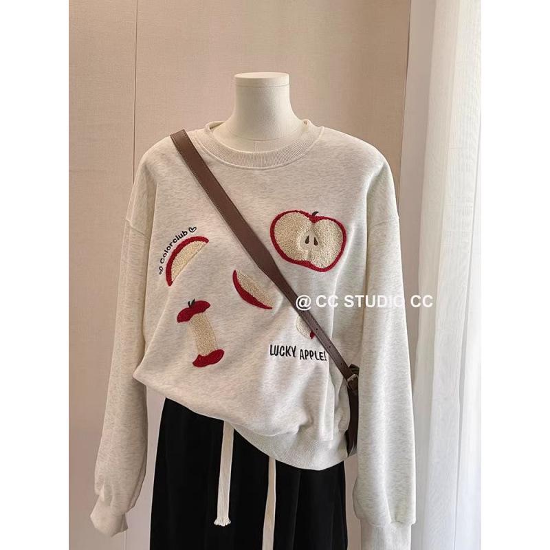 

Женский пуловер с вышивкой в виде яблока большого размера, с круглым вырезом, на осень/зиму 2024 3XL
