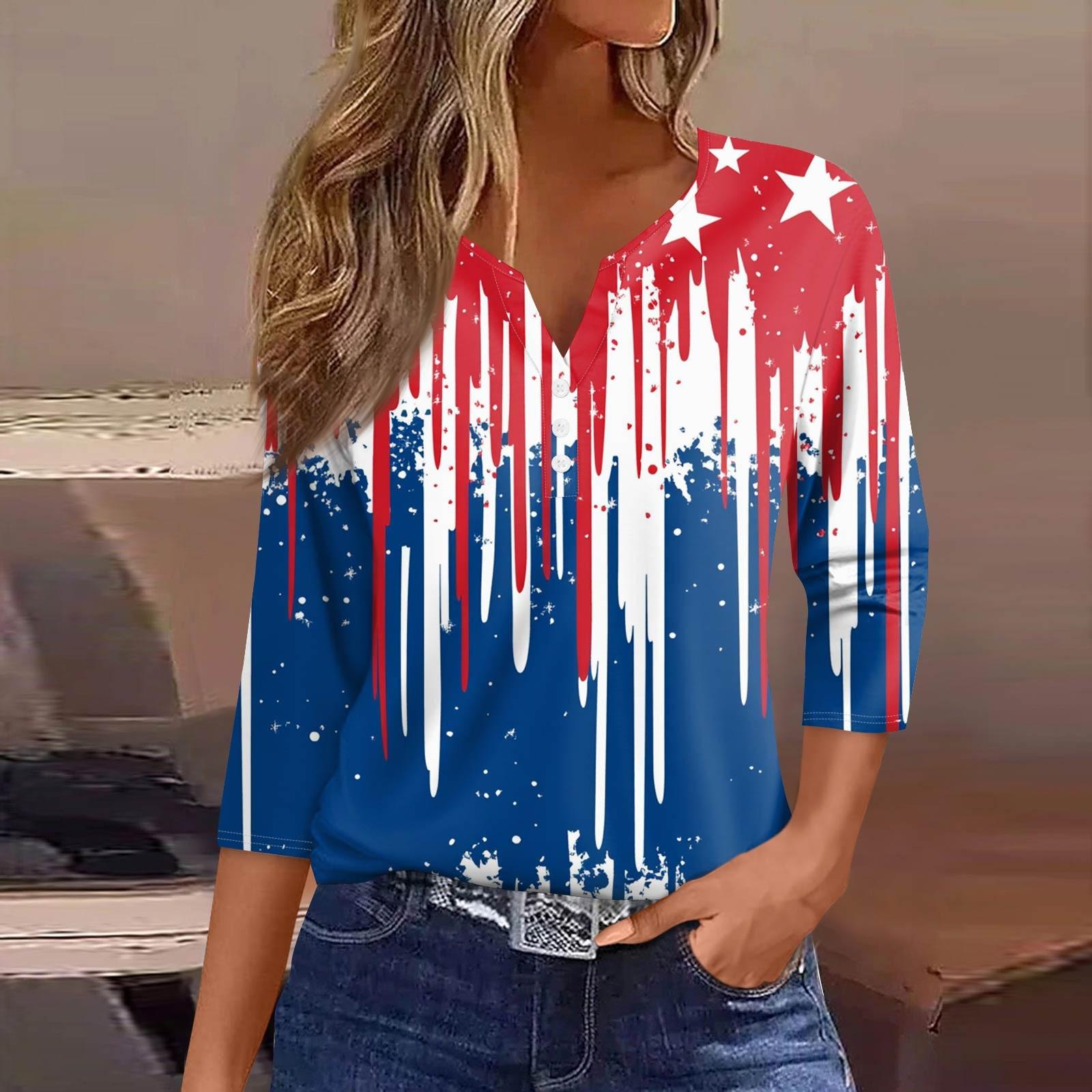 

Жіночий модний топ з V-подібним вирізом і сімома рукавами на ґудзиках, принтом на День незалежності M