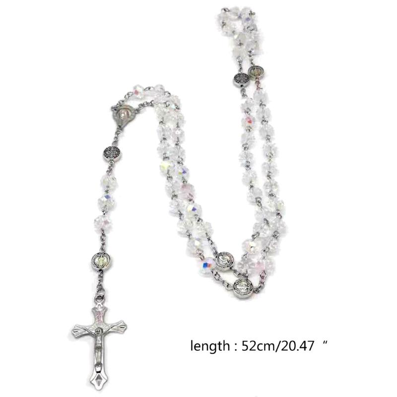 Catholic Necklace Rosary Crystal Beads Long Chain Cross Pendant Necklaces Christian Prayer Meditation Jewelry for Women