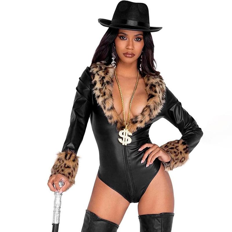 

European and American women s clothing autumn new solid color fluffy fabric splicing PU leather slim-fitting long-sleeved sexy jumpsuit S чёрный