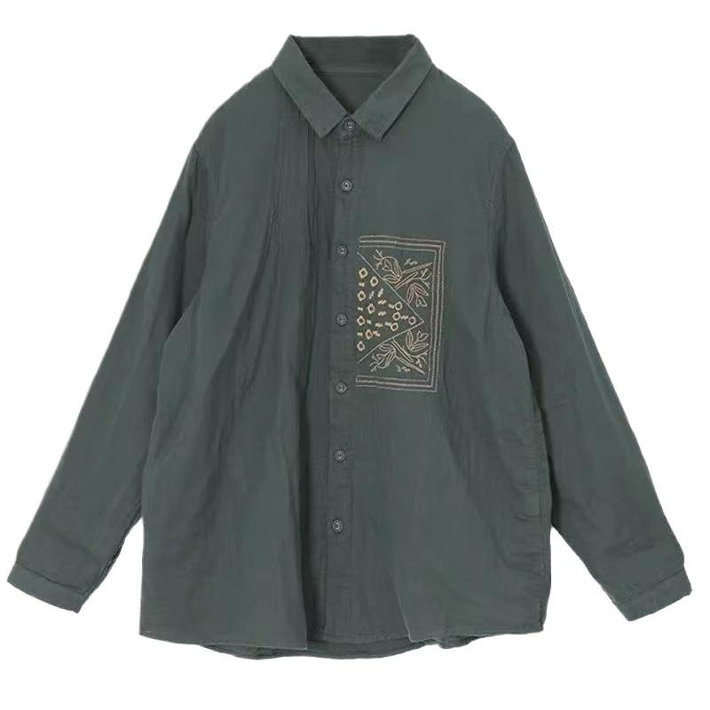 Southeast Asia Plus Size Embroidered Cotton Linen Long Sleeve Shirt