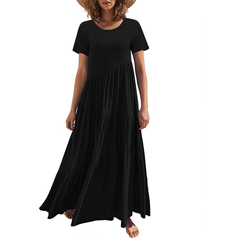 Loose Long Skirt, Short Sleeves, Round Neck Asymmetrical Rocking, Layered Beach Showing Thin Wind