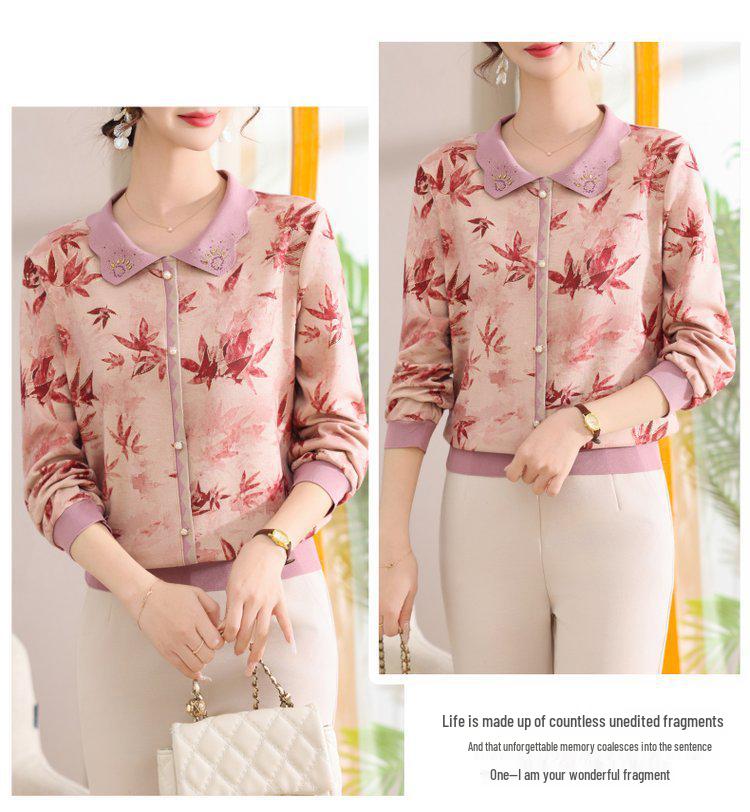 Elegant Floral Lapel Top for Middle-Aged Women - Long-Sleeved, Loose Knit, Pullover T-Shirt