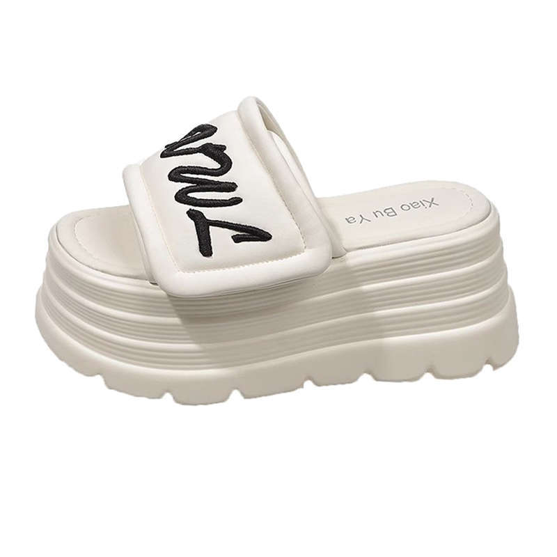 2025 summer new Velcro muffin thick bottom heightened one-word slippers women wear casual vacation cool slippers tide