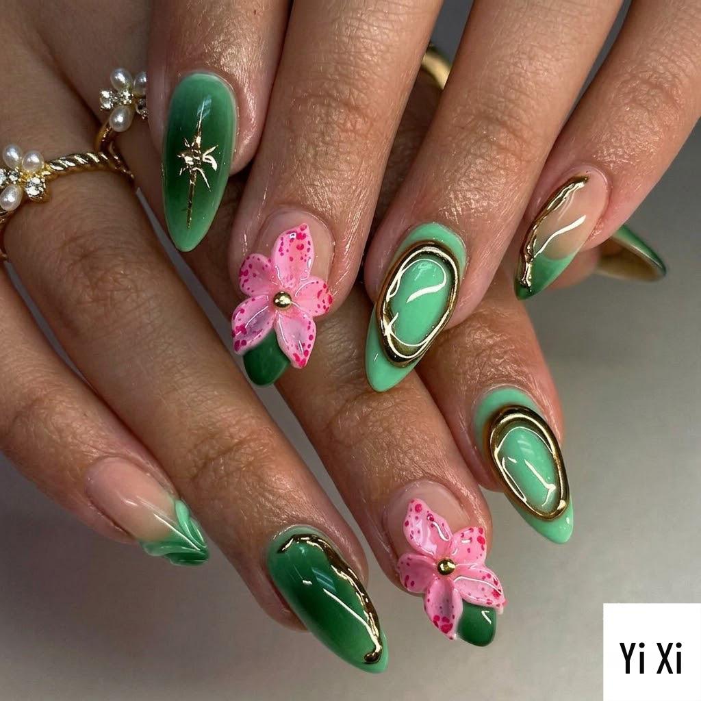 3D Almond-Shaped Wearable Nails: High-End Embossed Neon Green Nail Tips