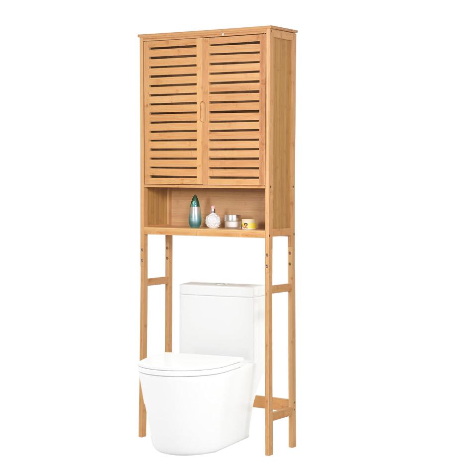 Badezimmerschrank über Waschmaschine mit Regalen, Freistehend, Abschließbar, Bambus, 170X66X23Cm