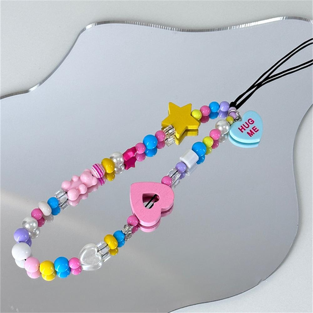 

Pink Love Heart Pendant Phone Charms Acrylic Cute Star Beaded Mobile Chains Simple Wristlet String Rope for iPhone 14 Keychain