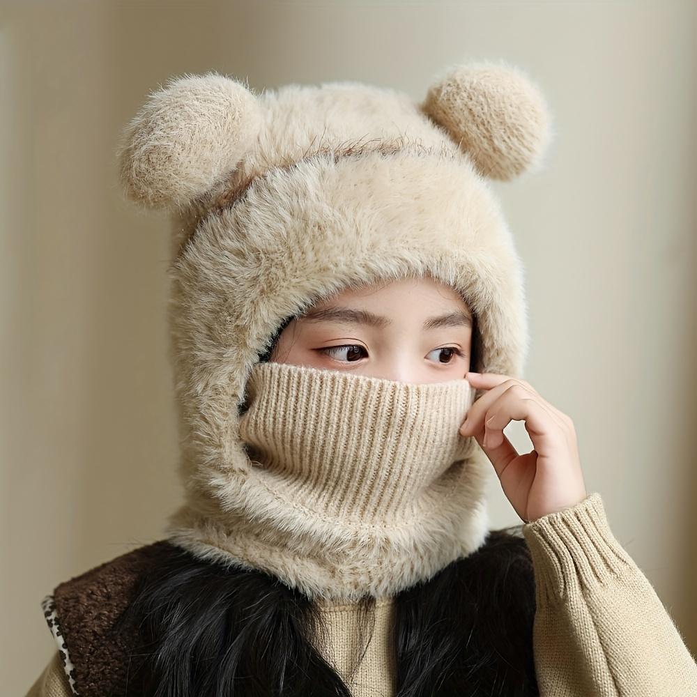 

Шапка и шарф для зимы, подходящие как для мальчиков, так и для девочек, с теплым и толстым дизайном, который сочетает в себе шапку и защиту шеи. бежевый