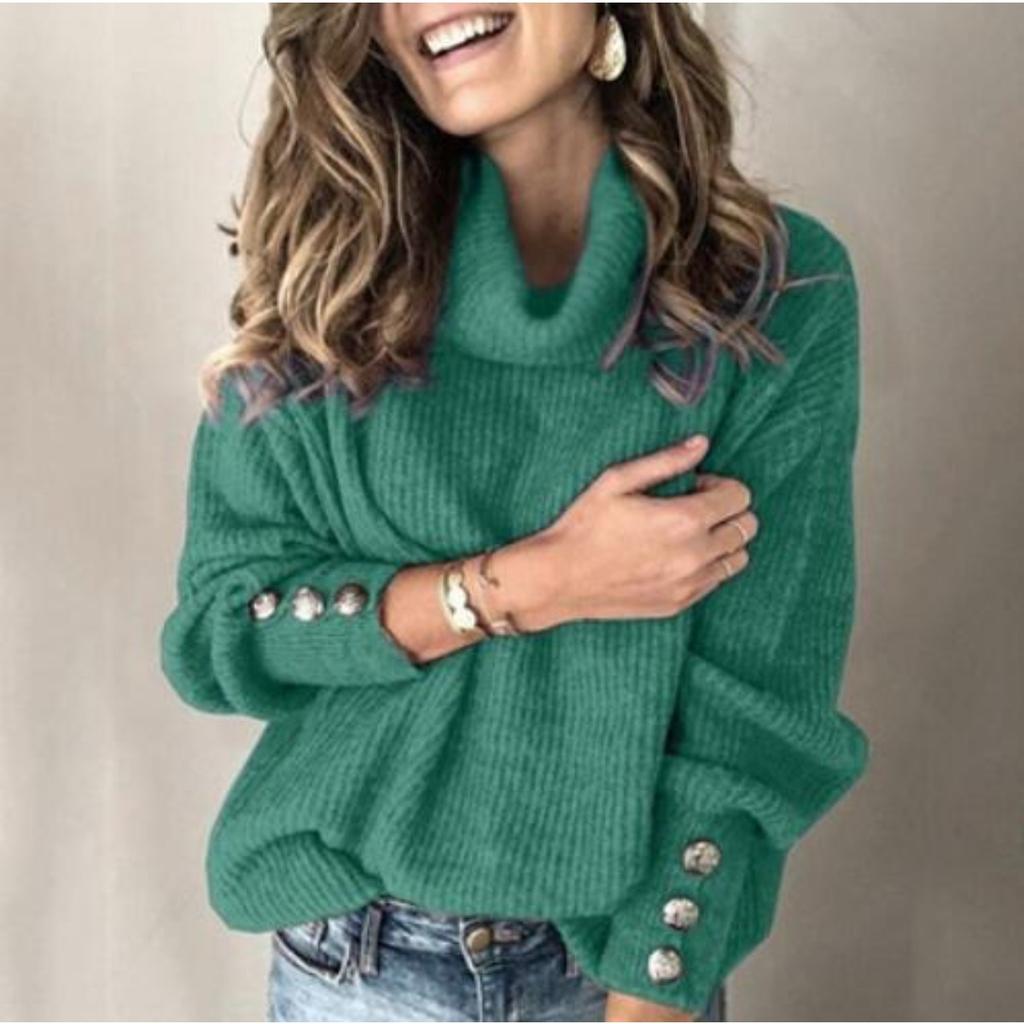 Women's Turtleneck Ribbed Knit Sweater Long Sleeve Button Cuff Loose Casual Solid Color Pullover Top