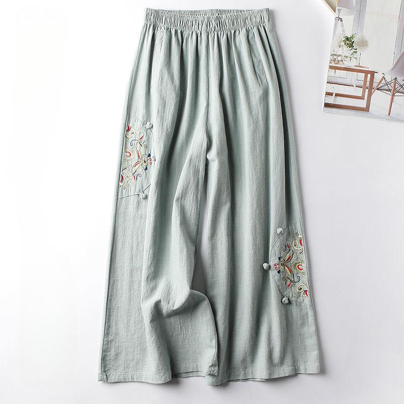 Women's Summer Cotton Wide Leg Pants Loose Vintage Elastic Waist Straight Leg Embroidered Pants Casual Pants