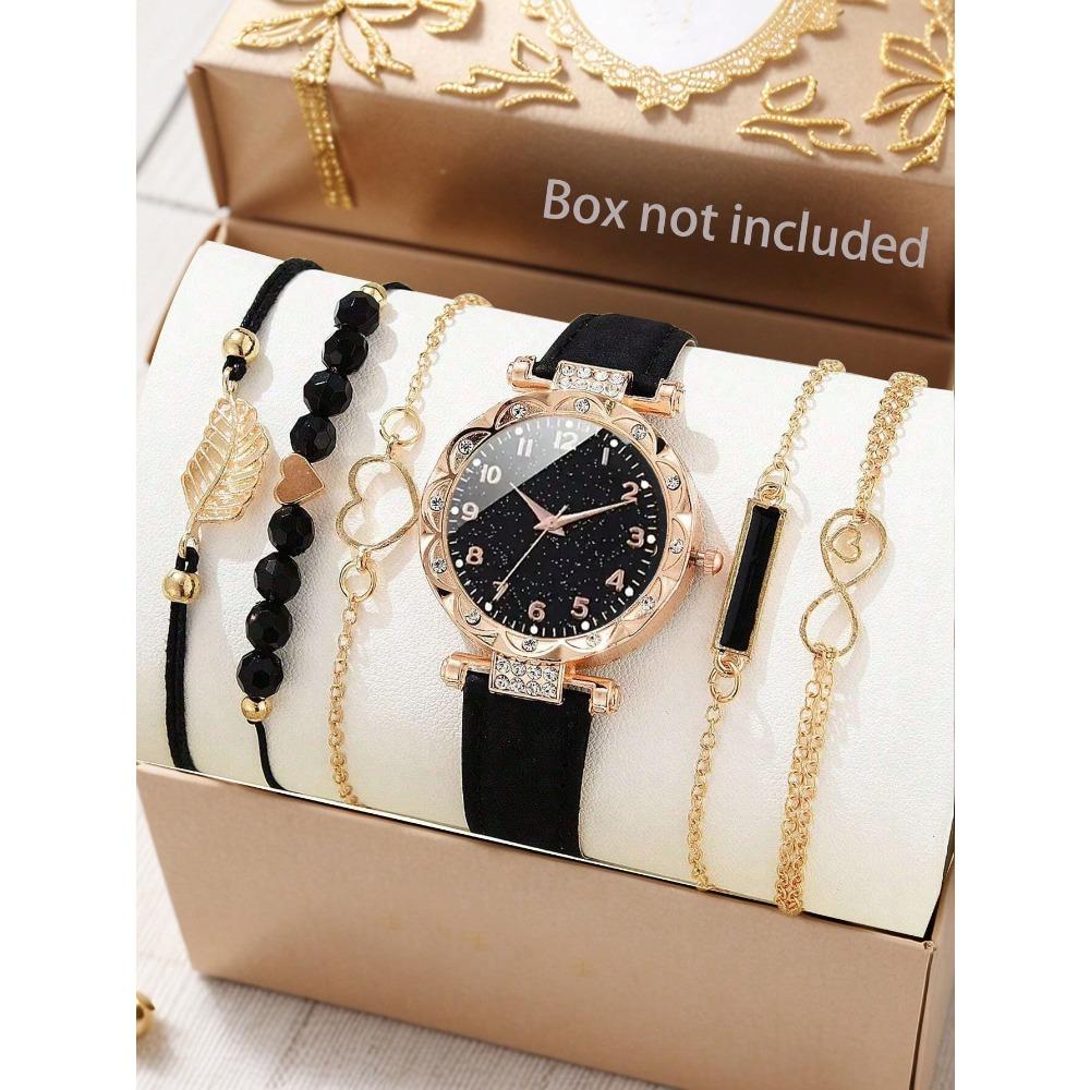 Watch Ladies Light Luxury Niche Diamond Dial Quartz Watch PU Leather Strap Watch Bracelet Set