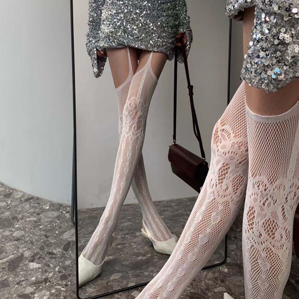 Lace Flower Mesh Pantyhose Nylon Suspender Stockings Retro Thigh High Stockings  Night Club