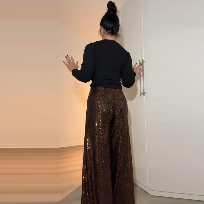 Elegant Shinny Sequin Long Pants Women Fashion High Waist Draped Loose Trousers Spring Autumn Casual Wide Leg Solid Color Party Pant