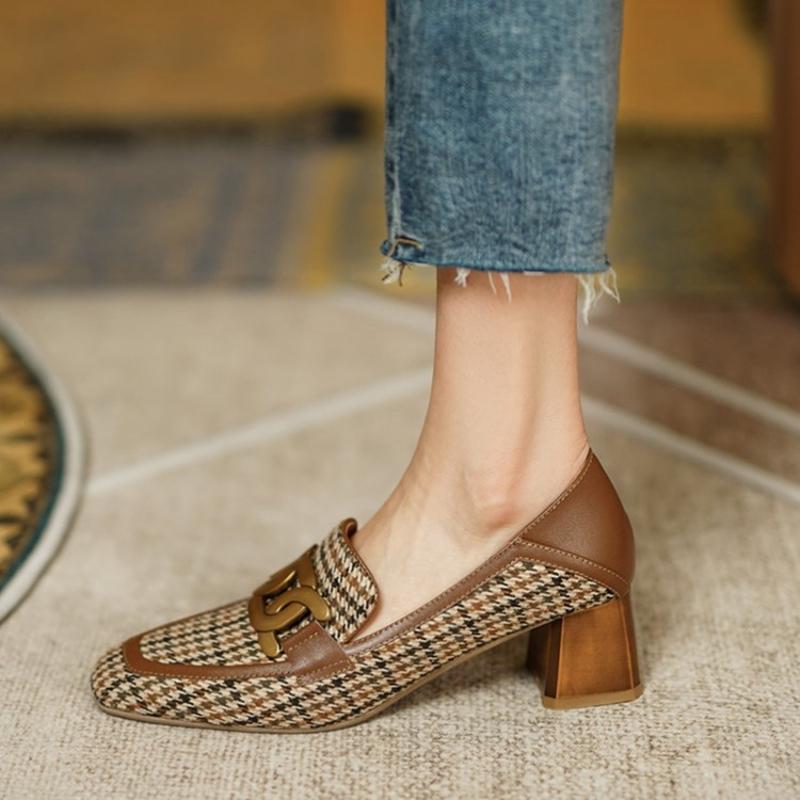 Fashion HOT SALES Women Loafers Square Toe Chunky Heel Shoes for Women Spring Women Shoes Lattice Women Pumps Cow Leather Handmade Shoes