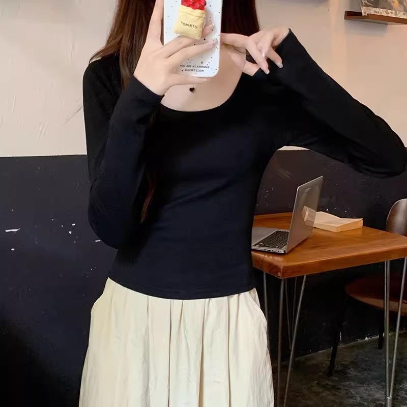 

Белая футболка с длинным рукавом и серым цветочным принтом на правом плече для женщин на осень и зиму с большим вырезом, для горячей девушки, с чистым желанием, короткий базовый внутренний топ XL