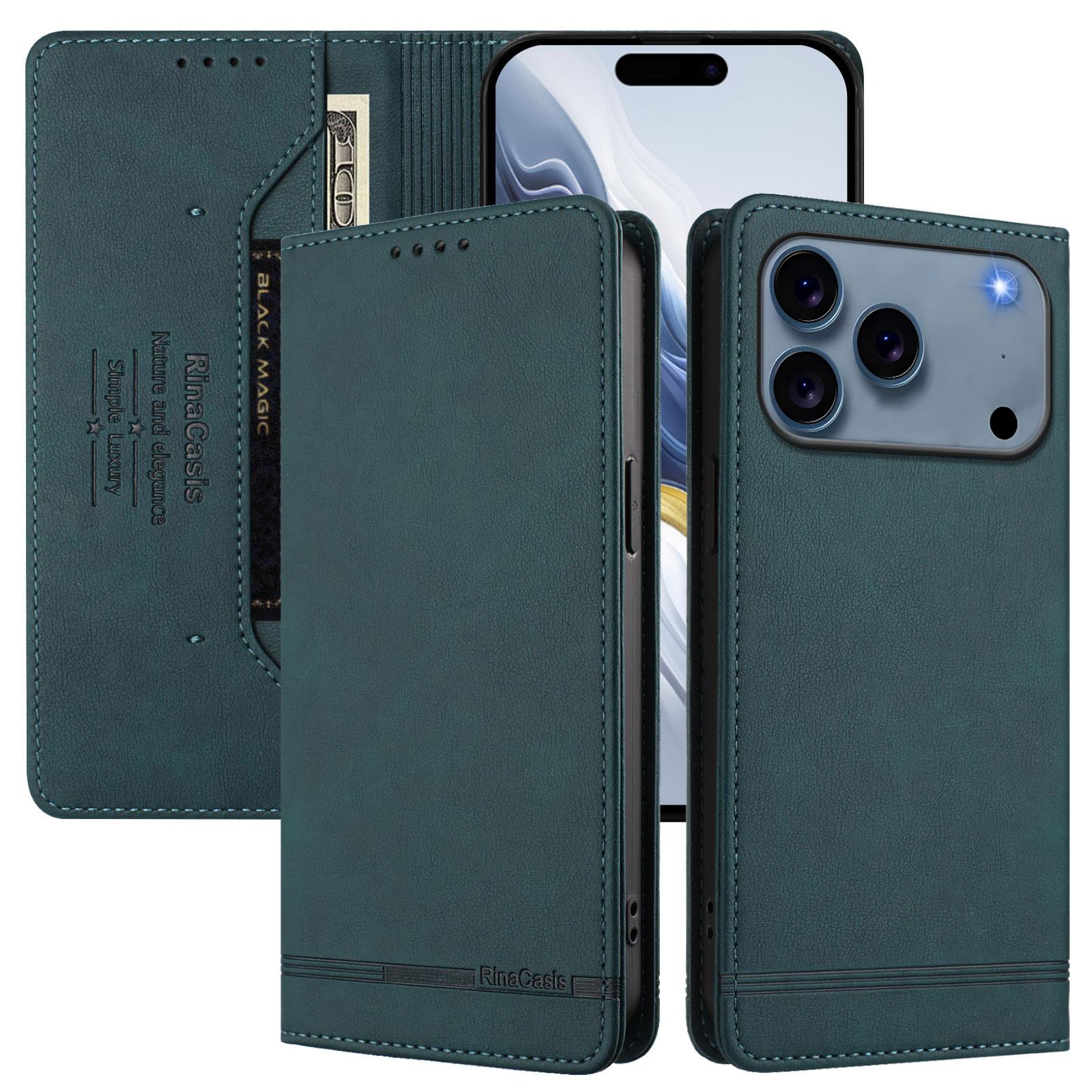 

Бизнес-кошелек-чехол со слотами для магнитных карт из кожи для iPhone 17 Pro Max 16 Plus 15 14 13 12 11 Сумка-книжка iPhone 13 mini зелёный