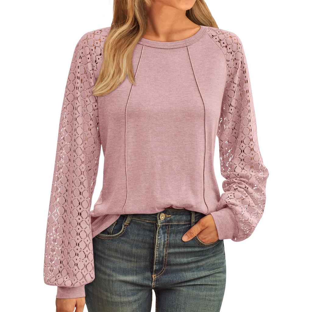 Women's Solid Color Lace Patchwork Round Neck Long Sleeved T-shirt Loose Top