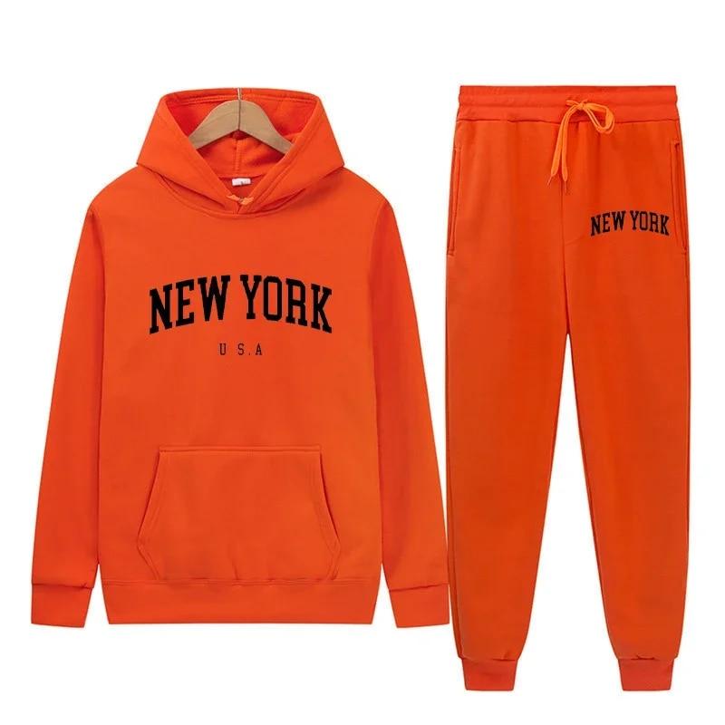 New York Letter USA City Hoodies + Hosen 2-teiliges Set Damenmode Sweatshirts Damen Casual Kapuzenpullover Sportwear-Anzug