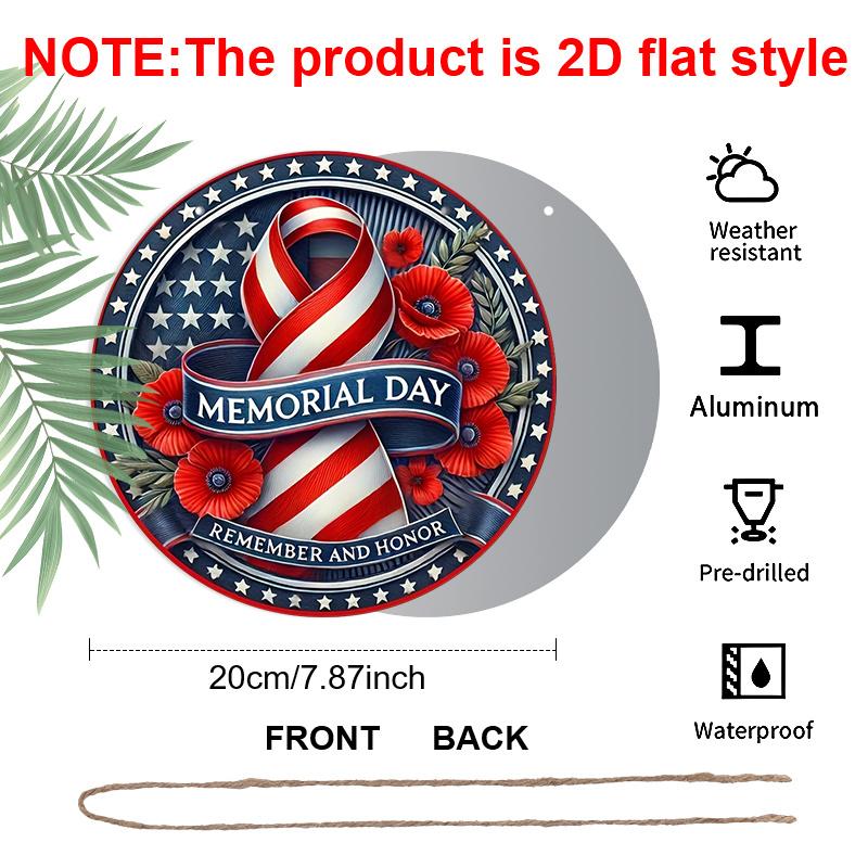 2D Flat, 1pc Round Memorial Day "Remember And Honor" Aluminum Hanging Sign, Patriotic USA Flag Ribbon Poppy Flower Design, Weatherproof Metal Wall