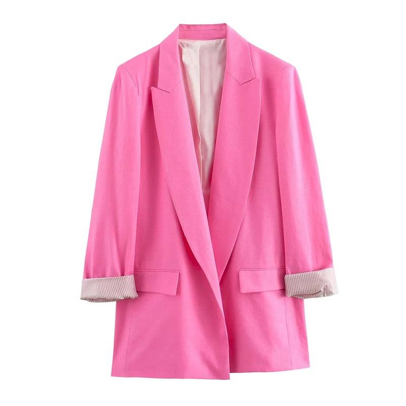 Faux Linen Roll-Up Sleeve Color Block Suit Jacket Autumn Women Fashionable Office Loose Blazer Coat Female Chic Outerwear