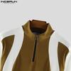 INCERUN Men Mockneck Long Sleeve Patchwork Zipper Casual Fitted Pullover Tops