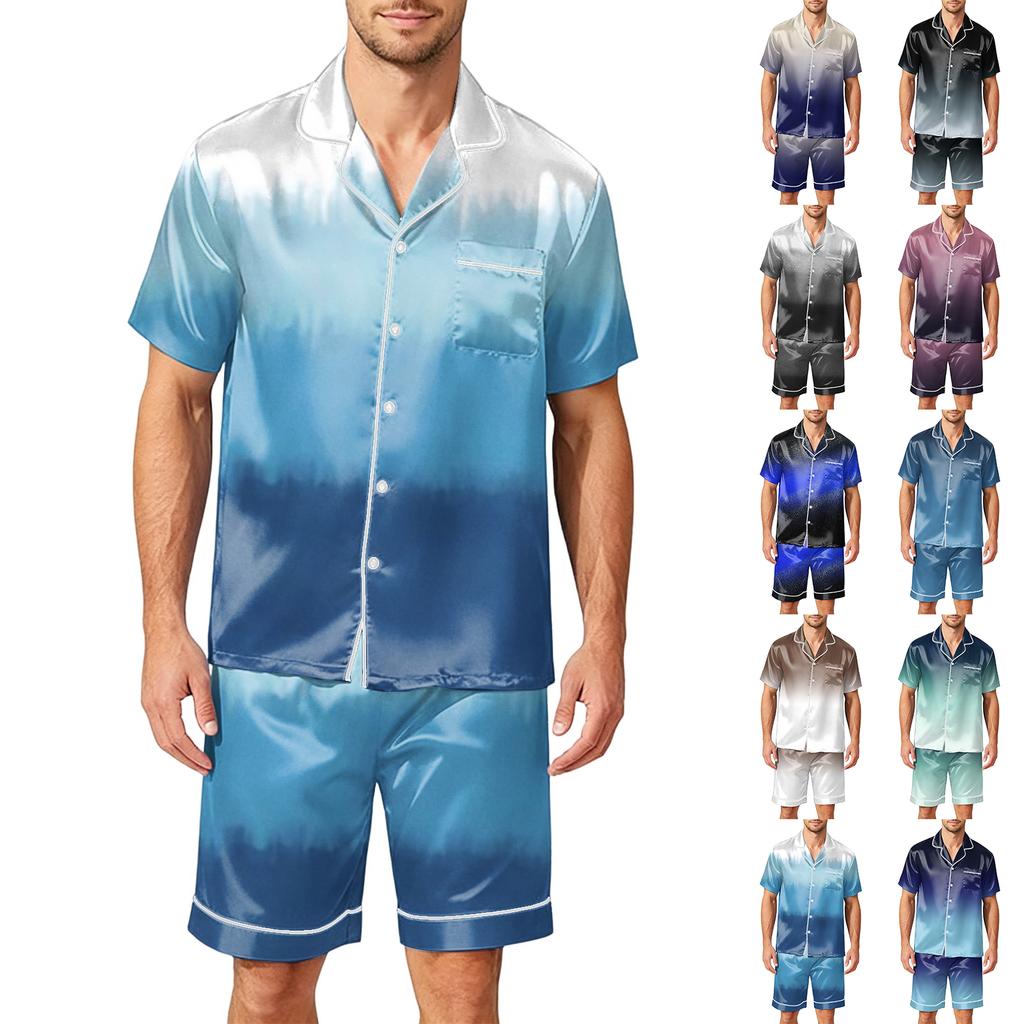Men Satin Short Sleeve Pajama Set Two Piece Sleepwear with Pocket Button Down Shirt and Shorts Comfortable Nightwear