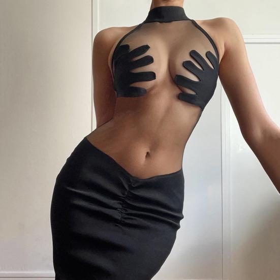 O-neck Sleeveless Hip Wrap Hand-shaped Cover Bodycon Dress Ruched See-Through Mesh Stitching Sexy Mini Dress Club Wear