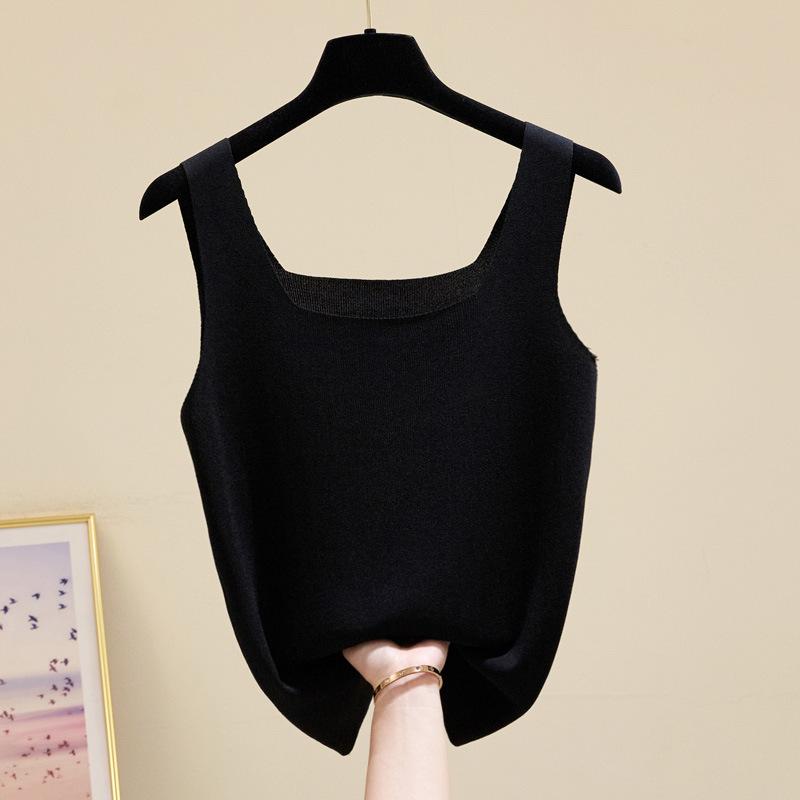 Ice silk suspender vest women's inner cover breast outer wear temperament I-shaped square collar top sleeveless knitted bottoming shirt summer