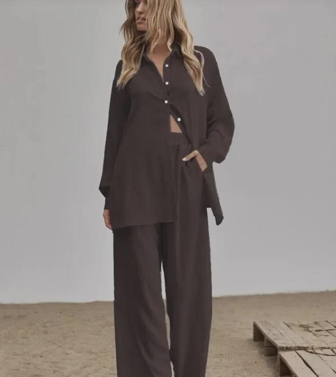 Dames Herfst 2022 Effen Kleur Casual Pak: Shirt met lange mouwen & Broek met elastische taille