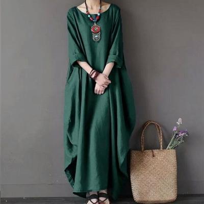 LYRIA Vintage Baumwolle Leinen Übergroßes Strand Maxi Kleid Damen Lässig Street Langarm Kleider Robe Kleidung 5XL