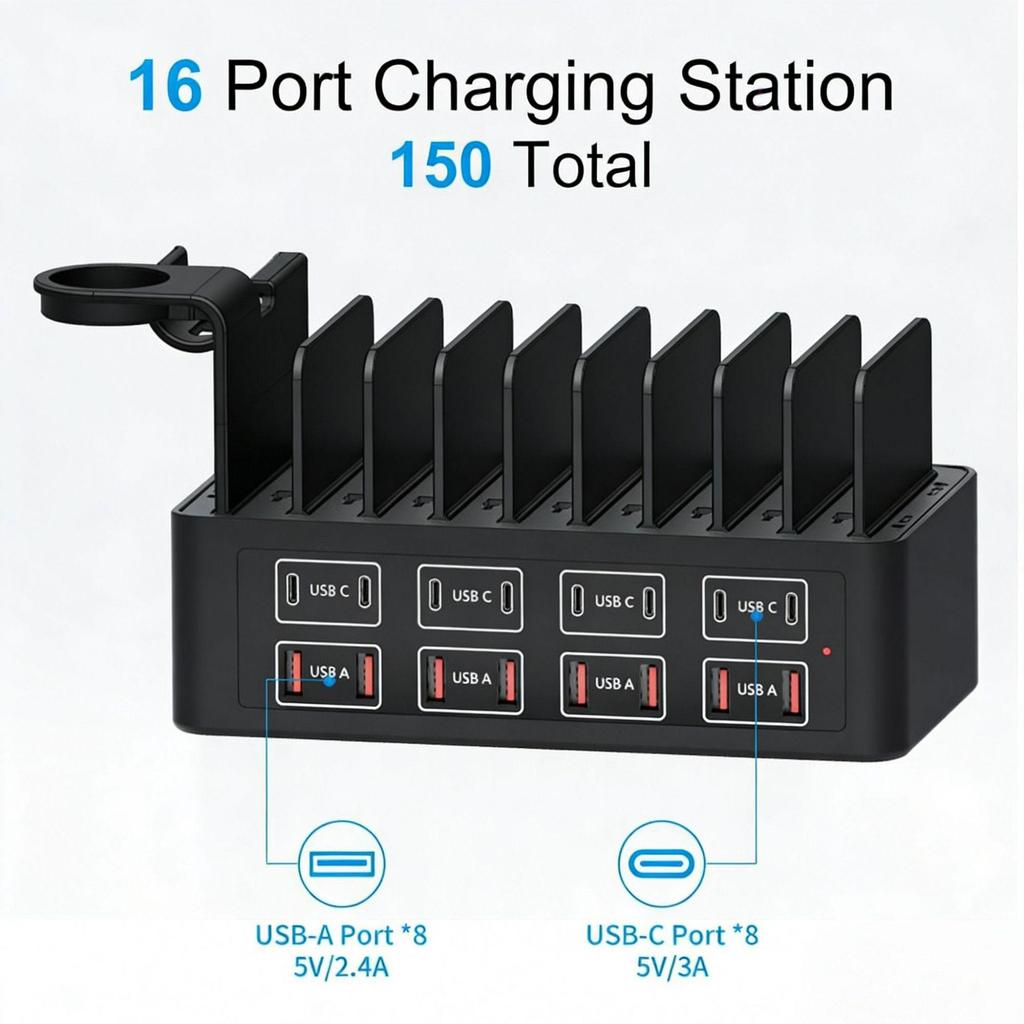 Caricabatterie Rapido Multi-Dispositivo 150W a 16 Porte & Supporto per Telefono/Tablet