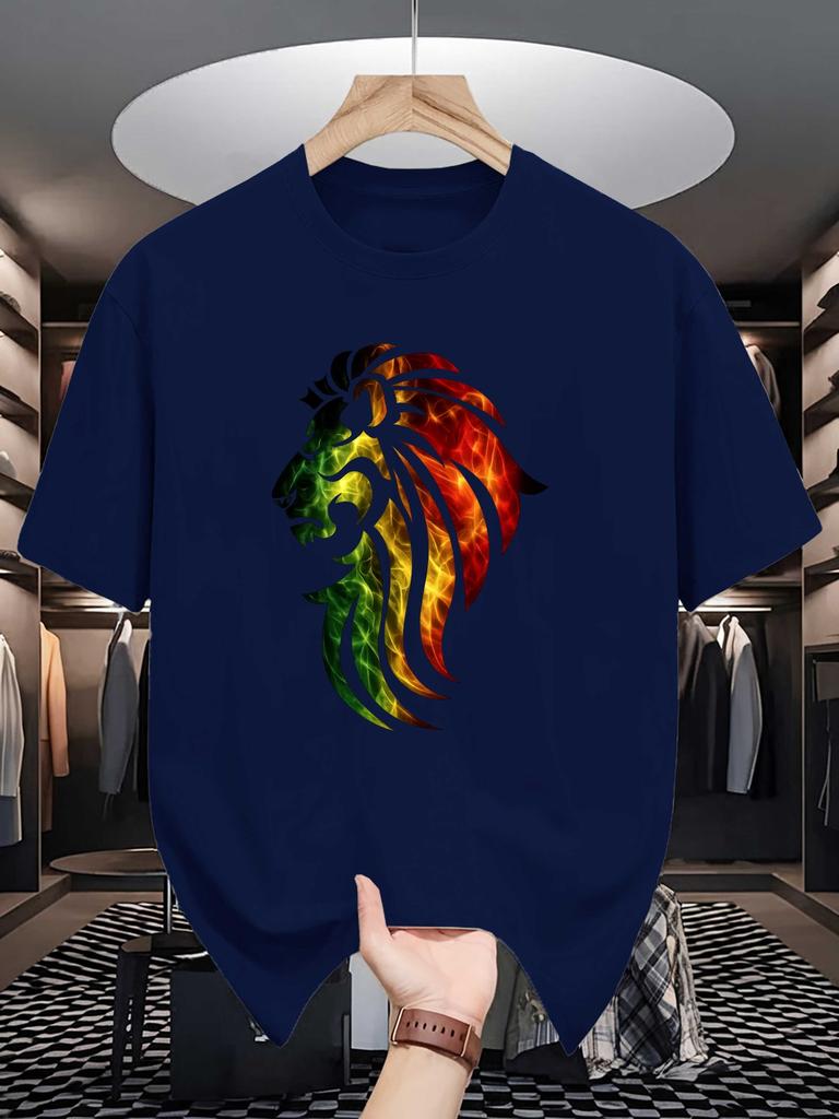 Unisex Crew Neck Tee Gradient Flame Lion Head Art Graphic Print Soft Cotton Loose Short Sleeve Summer Casual Male Streetwear Tops