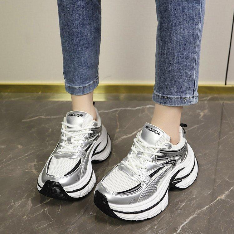 Women Mesh Solid Color Patchwork Thick Sole Lace-up  PU Leather Solid Color Lace-up Thick Sole Casual Fashion Sports