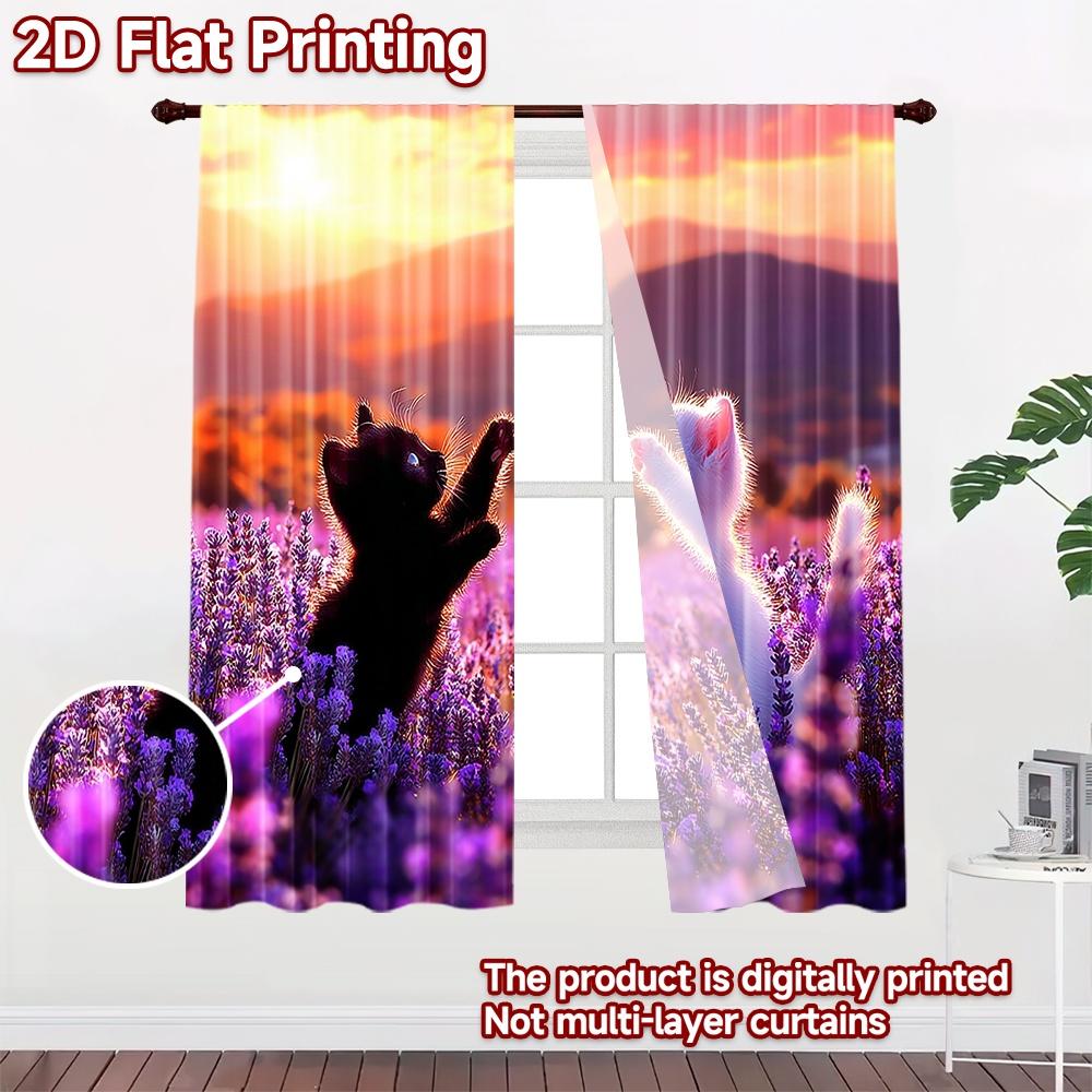2D flat printing 2pcs Curtains Black White Kittens Lavender Sunset Digital Printed Polyester Drapes Festive Holiday for Indoor