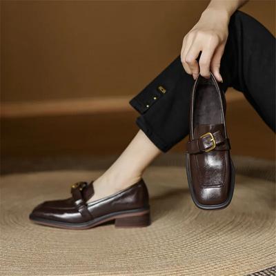 Fashion New Autumn Winter Split Leather Women Pumps Shoes for Women French Square Toe Loafers Zapatos Mujer Chunky Heels Ladies Shoes