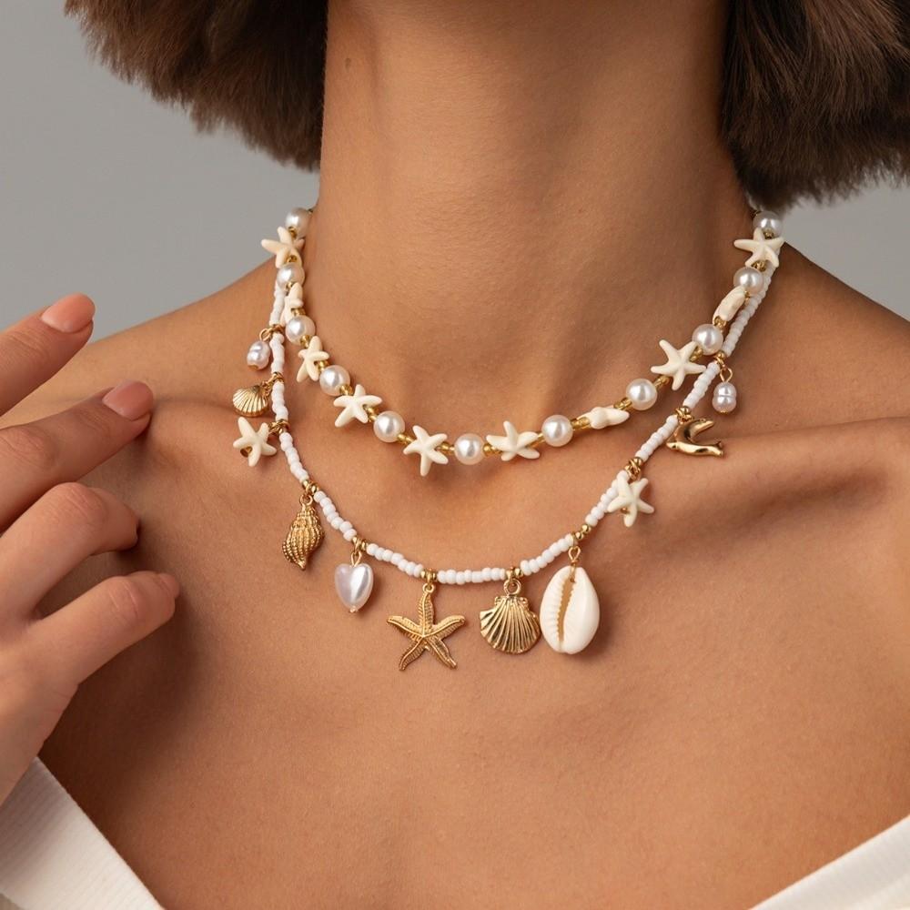 Starfish Mold Necklace Chain Imitation Pearl Shell Pendant Holiday Decor Island Vacation