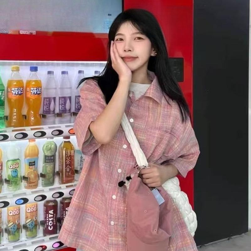 Pink Short Sleeved Women's Shirt Contrasting Retro Casual Turn-Down Collar Top Korean Style Simple Loose Ladies Coat