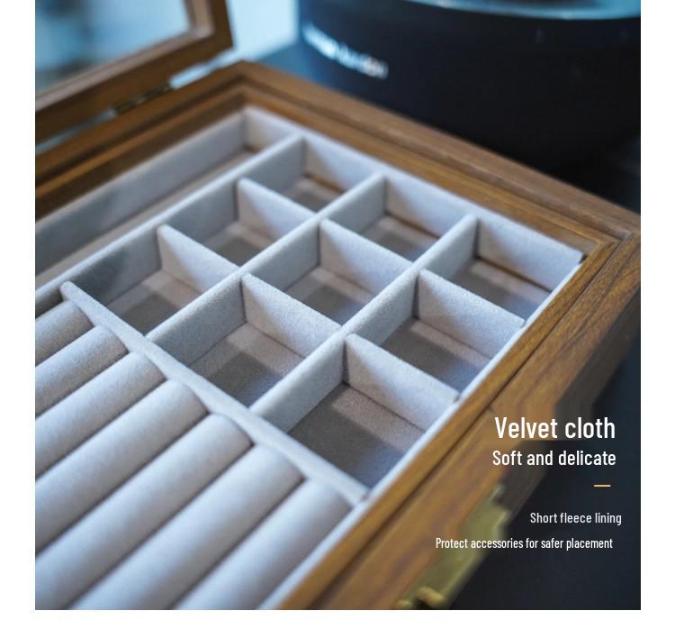 Walnut Grain Jewelry Organizer with Glass Lid - Anti-Oxidation Storage for Earrings, Rings, and Bracelets