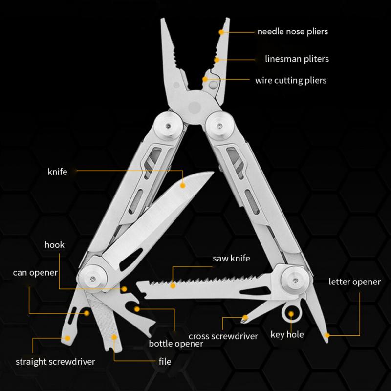 13-in-1 Edelstahl-Faltwerkzeug mit Multitool-Schlüssel, 16,5 cm