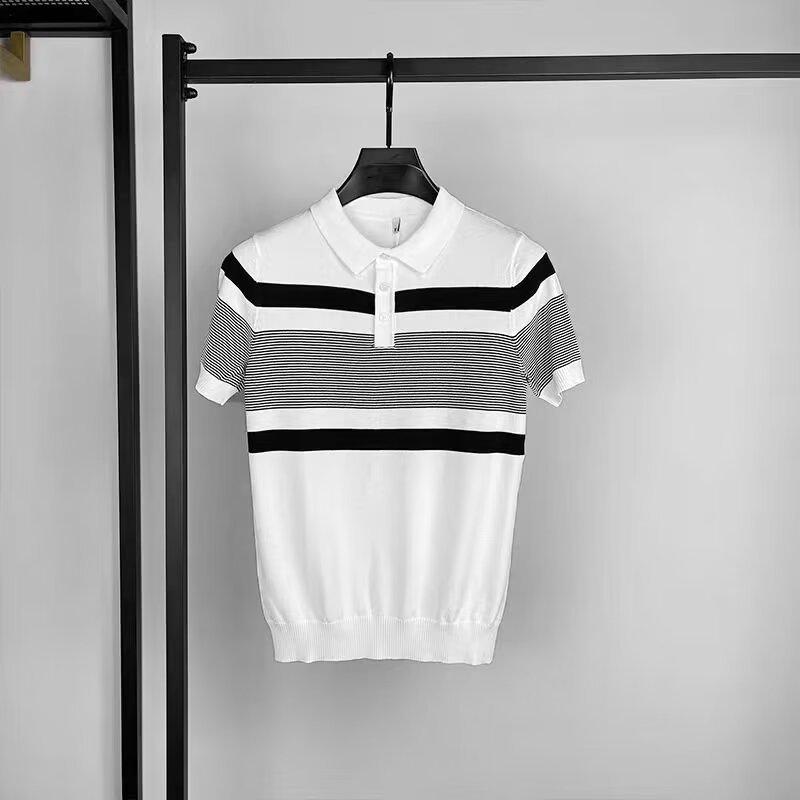 

Мужская летняя облегающая полосатая футболка-поло с коротким рукавом - модная повседневная трикотажная футболка с контрастными лацканами M белый